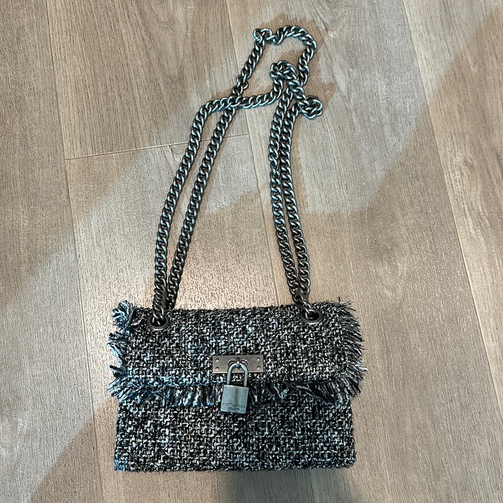 Kurt Geiger Black and Silver Tweed Chain Shoulder Bag